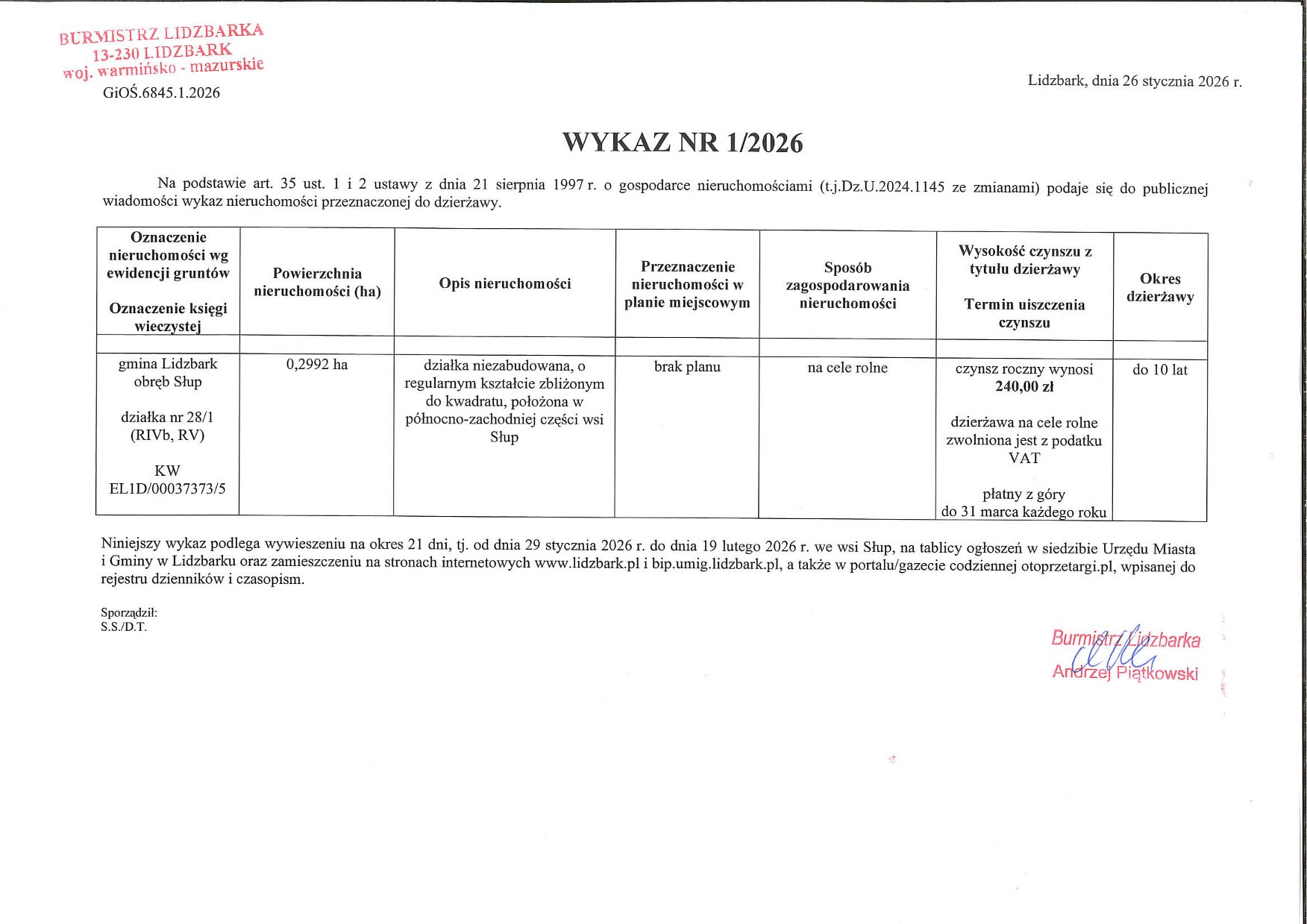 Wykaz nr 1/2026 - informacja o nieruchomości przeznaczonej do dzierżawy w obrębie miejscowości Słup